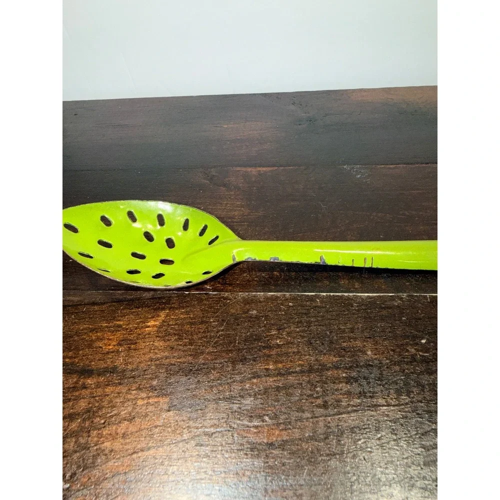 Vintage Lime Green Enamelware Slotted Spoon Retro Kitchen Serving Utensil 11.5